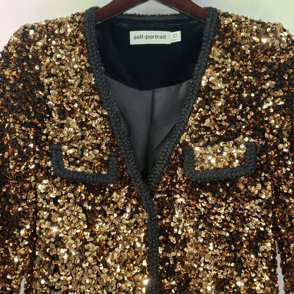 Self-Portrait Gold Sequined Jacket Blazer Size 2
